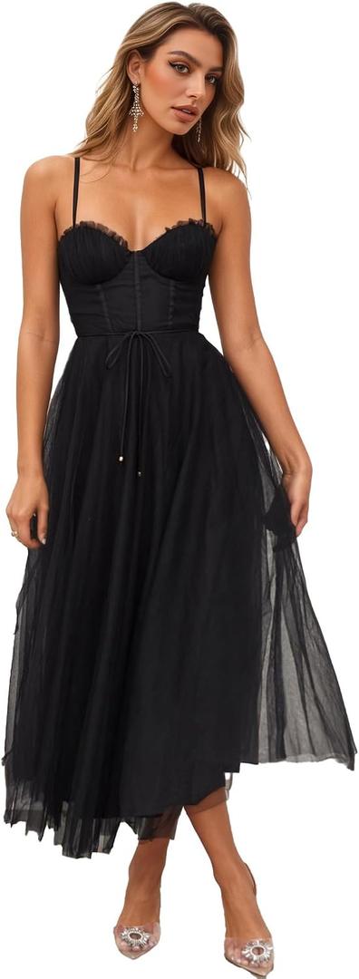 Womens Sweetheart Neck Belted A-line Mesh Midi Dress Spaghetti Strap Backless Tulle Prom Party Dress (Black, XL)