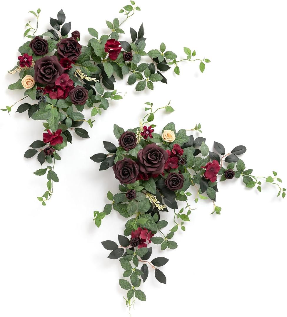 Ling's moment 2PCS Burgundy Artificial Floral Swags Wedding Arch Flowers Table Centerpieces Dark Red Rose Garland Wine Red for Sweetheart Head Table Easel Wall Entryway Board Backdrop