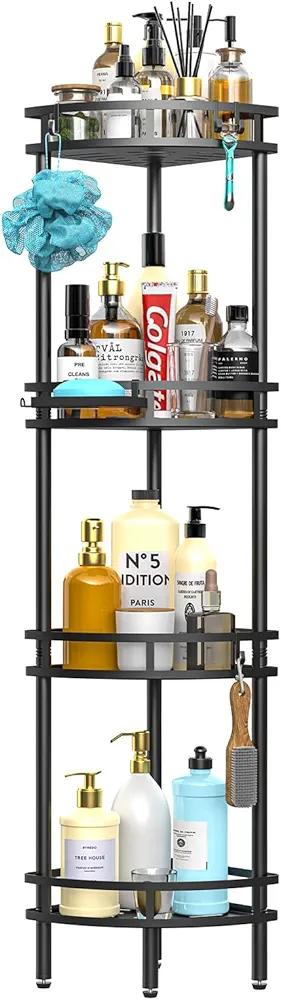 Standing Shower Caddy-4 Tier Stand with Soap Dish, 4 Hooks, Adjustable Feet for Corner-Black
