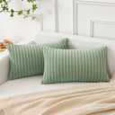 Kevin Textile Spring Oblong Throw Pillow Striped Corduroy Rectangle Pillow Covers for Couch Lumbar Cushion Covers, 12 x 20 inch, Sage Green, 2 Pack