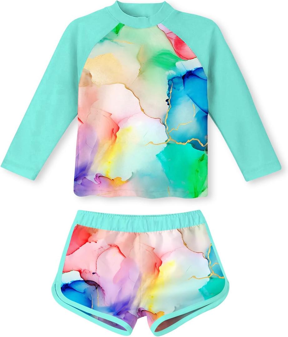 TUONROAD Girls 2 Pieces Rash Guard Swimsuit Long Sleeve Tankini for 4-10 Years (8-9 Years, Light Green)