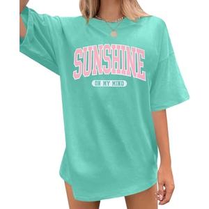 Womens Oversized Tee Shirts Vintage Sunshine Graphic Tees Hiking T-Shirts Boho Summer Short Sleeve Top Small
