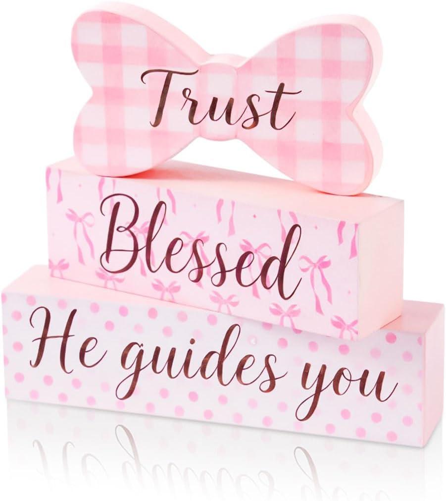 Pink Bow Wooden Tabletop Decor, Trust Blessed He Guides You Block Sign, Farmhouse Rustic Centerpiece for Table Shelf, Easter Christian Faith Home Decoration, Inspirational Gift for Women