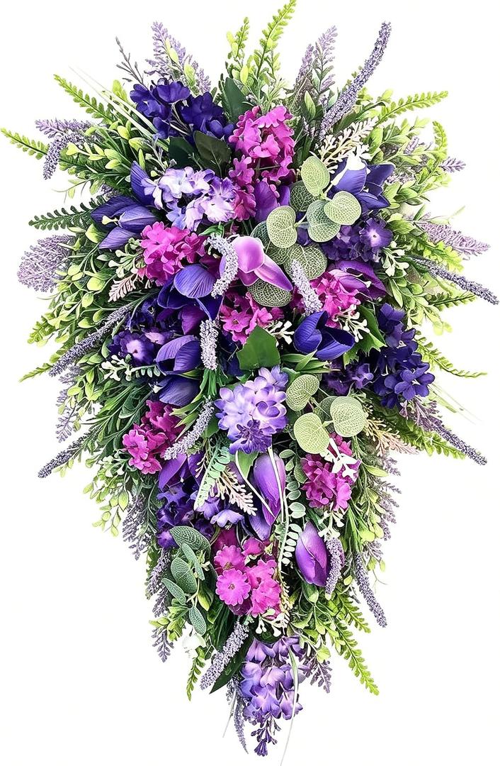 22" Purple Lavender Teardrop Garland Artificial Flower Art Door Hanging Decor for Indoor Outdoor Front Doors Rustic Farmhouse Style Wall Hanging Decor
