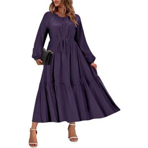 TIYOMI Women's Plus Size Fall Maxi Dresses 2025 Casual V Neck Button Drawstring Long Sleeve A Line Floral Boho Dress Pockets (XXL)