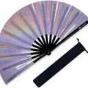 Large Rave Fan, Clack Folding Hand Fan with Premium Fabric, Thick Bamboo Frame for Men Women Gift for EDM, Festival, Club, Party, Dance, Decoration (Lridescent Purple, 13")