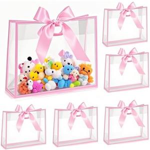 ZJHiome 8pcs Large Clear Gift Bags with Handles,Reusable PVC Gift Bag with Ribbon Bow for Graduation Christmas Easter Wedding Baby Shower Birthday Party Small Business (Pink), Set of 2