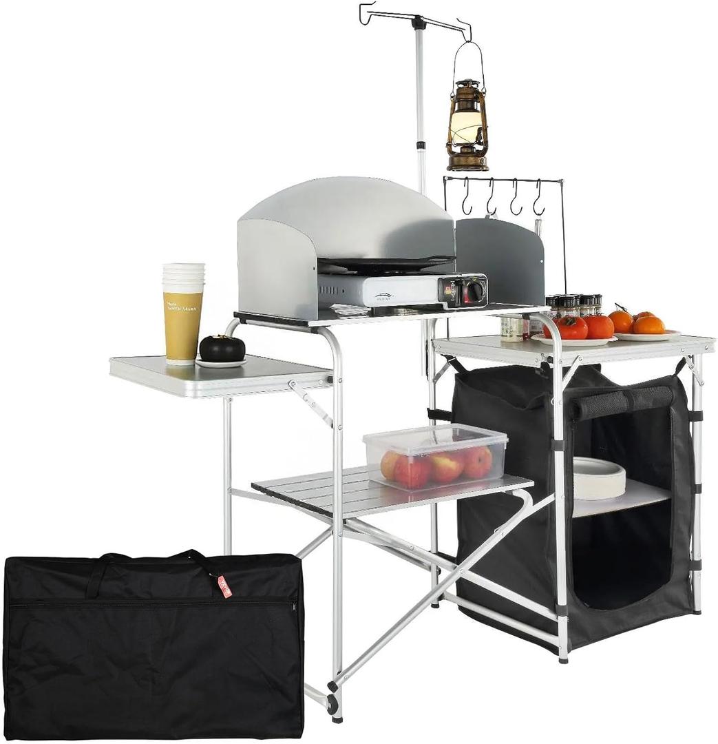 VEVOR Camping Kitchen Table, Folding Outdoor Cooking Table with Storage Carrying Bag, Aluminum Cook Station 1 Cupboard & Detachable Windscreen, Quick Set-up for Picnics, BBQ, RV Traveling, Black