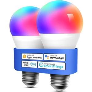 Meross Smart LED Light Bulb, Smart WiFi LED Bulbs Compatible with Apple HomeKit, Siri, Alexa, Google Home & SmartThings, Dimmable E26 Multicolor 2700K-6500K RGBWW, 810 Lumens 60W Equivalent, 2 Pack
