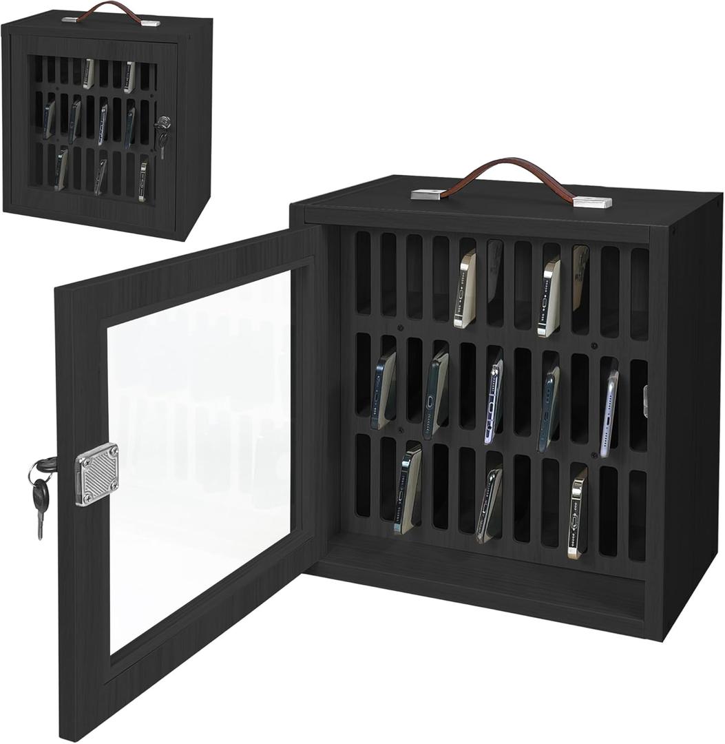 Cell Phone Holder Classroom 33 Slots Wooden, Pocket Chart Storage Cabinet with Handle and Security Lock for Cell Phone, Phone Lock Box for Classroom, Black