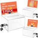 VOISEN Clear Donation Box with Lock,3 Pack Ballot Box with Sign Holder,Tip Jar for Fundraising, Voting Boxes with Slot for School,Conference 6.2x4.6x3.9 Inch