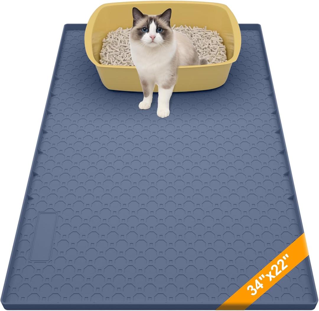 Silicone Large Cat Litter Mat 34" X 22", Cat Mat for Litter Box, Cats Litter Trapping Mat, Non-Slip and Waterproof, Raised Edges, Blue