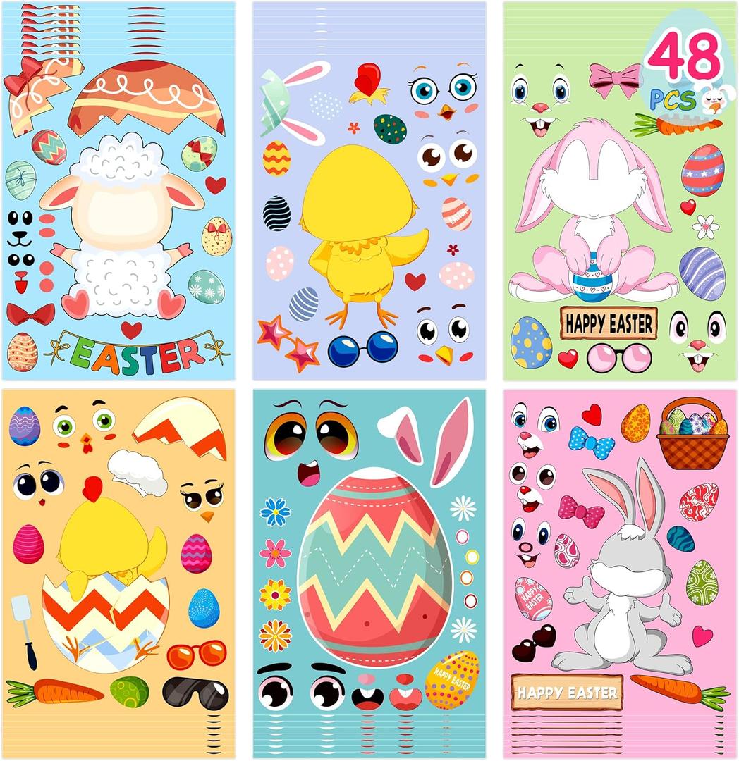 LINAYE 48 Sheets Easter Crafts Stickers for Kids Toddlers - Easter Make Your Own Stickers for Basket Stuffers, Treats Gifts Activities Party Favor Supplies for Kids