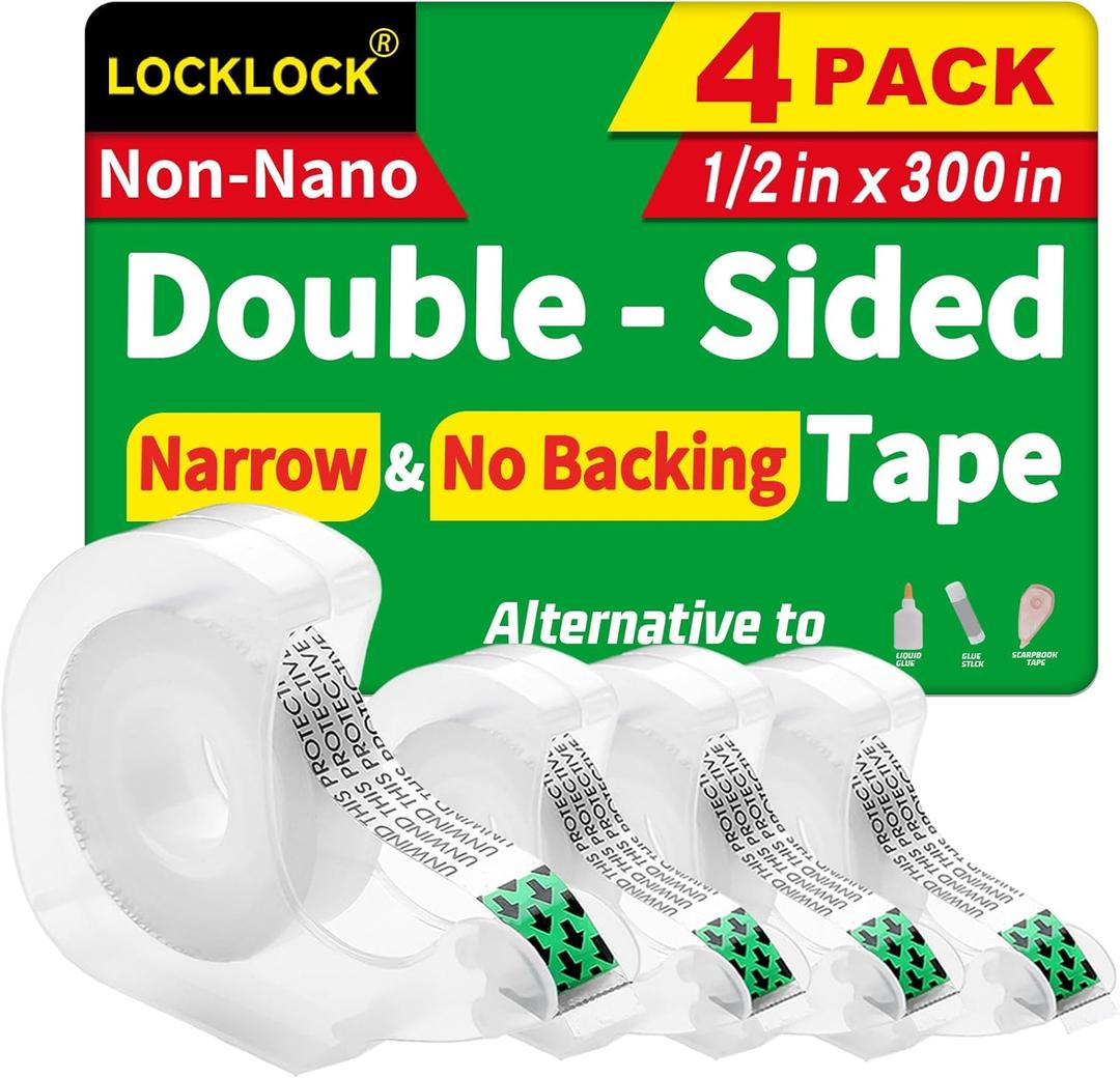 Double Sided Tape, Light Duty Permanent Tape with Dispenser, Narrow Width, Translucent, 4 Pack, 1/2 x 300 inches, Double Stick Tape for Crafts, Arts Projects, Gifts Wrapping, Office School Supplies.