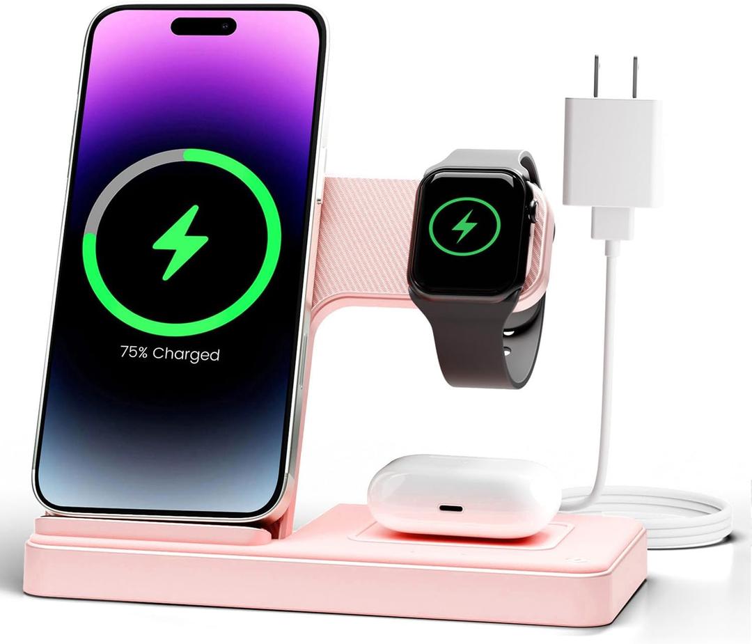 Wireless Charger Stand Charging Station: 3 in 1 Charger Stand Multiple Devices for Apple - iPhone 17 16e 16 15 14 Pro Max 13 12 11 - Watch 10 9 8 7 6 5 4 3 2 SE and Ultra Series-Airpods 4 3 Pro, Pink