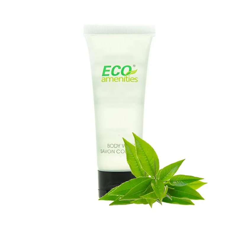 ECO Amenities Travel Size 1oz Body Wash (BULK 200 Pack) - 30ml Bulk Hotel Body Wash Supplies for Guests - Green Tea Scent Eco body wash for woman, Body wash for men, Biodegradable Container