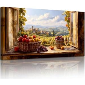 crmotu Rustic Wall Art, Orchard Beyond the Windowsill Prints 29x57 In | Faux Window Wall Decor, Fruit Harvest Extra Large Paintings, Orchard Pictures, Ready to Hang, Hardware Included