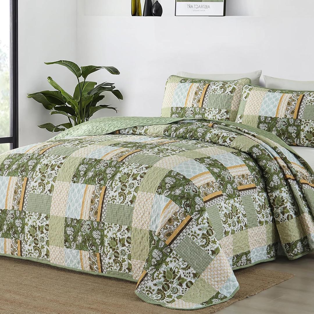 WONGS BEDDING Green Quilt Set King Size,Patchwork Plaid Printed Bedspread Coverlet Set,3 Pieces Summer Soft Microfiber Floral Bedding Set with 1 Quilt 2 Pillowcases