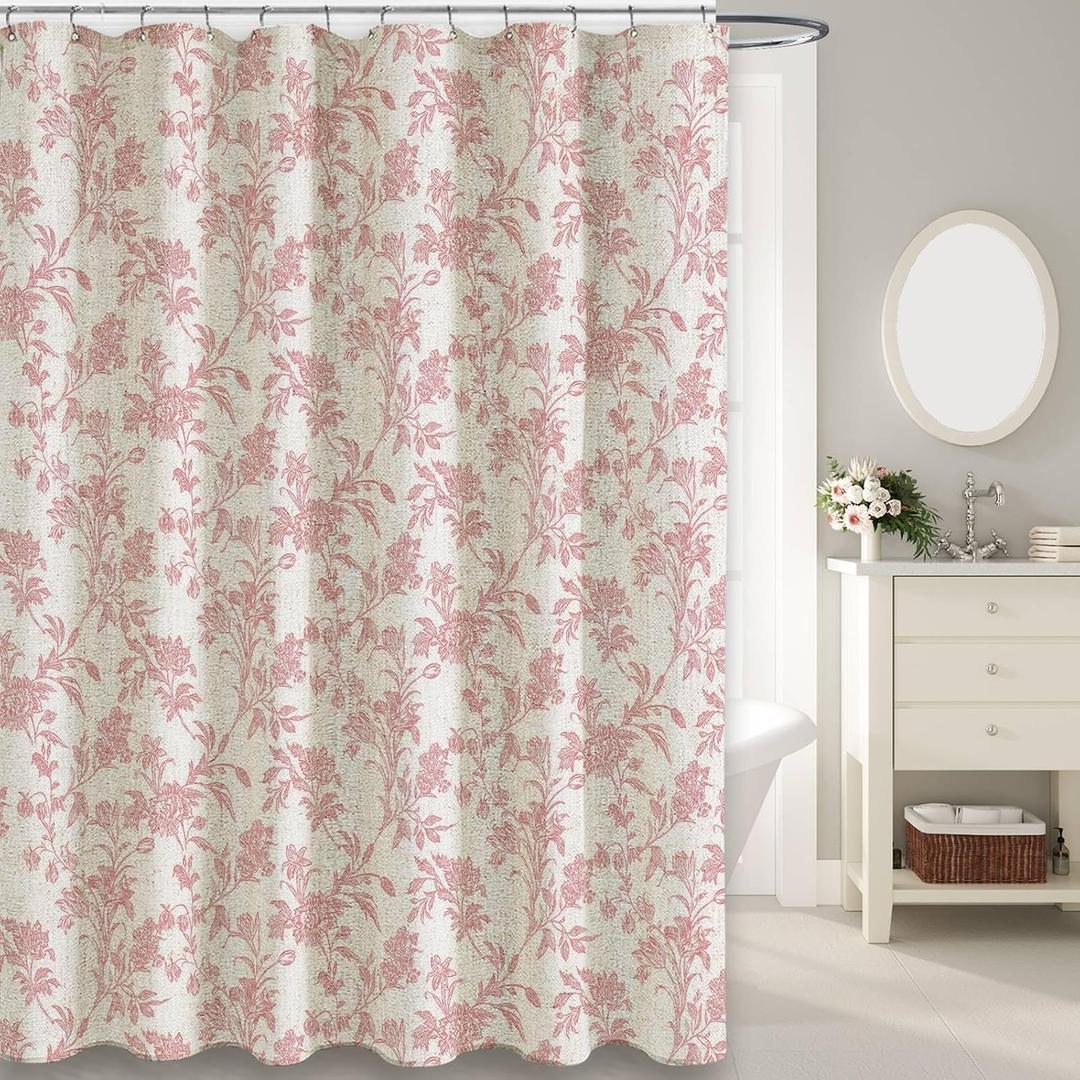 WOUVMA Extra Long Pink Shower Curtain Floral Cotton Linen Cottagecore Shower Curtain for Bathroom 84" L x 72" W