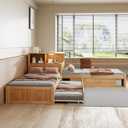 Merax Twin Size Platform Bed with Trundle and Storage Cabinets, L Shaped Corner Bed with Desk and Light, Wood Slats Support, 3 Beds in One Design, No Box Spring Needed