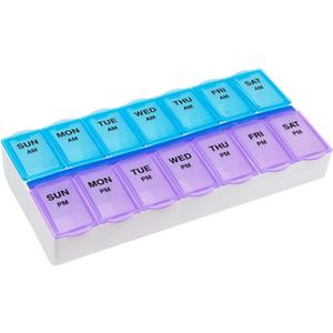 EZY DOSE Weekly (7-Day) AM/PM Daily Pill Case, Medicine Planner, Vitamim, Fish Oil, Supplements Organizer Container, Large Compartments, 2 Times a Day, Blue and Purple Lids, BPA Free