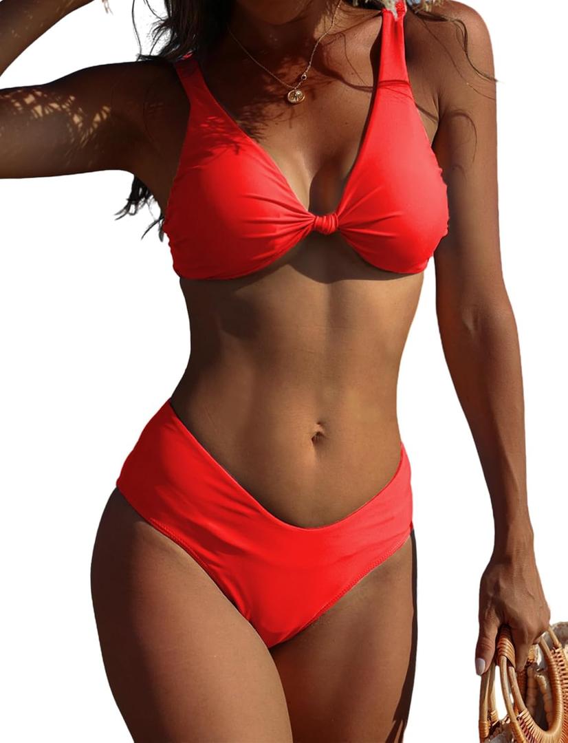 American Trends High Waisted Bikini Sets for Women Push Up Two Piece Bikini Swimsuit High Cut 2 Piece Bathing Suit (Medium, Red)