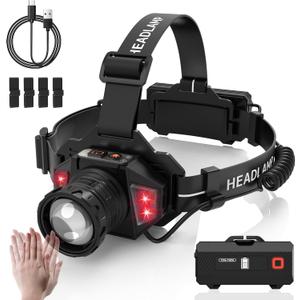20Modes Headlamp Rechargeable with Zoom&Red Side Light,4000LM Headlight with Motion Sensor 3Color Lights, IP65 Waterproof 90° Adjustable Hiking Fishing Camping Emergency Hard Hat Headlamp