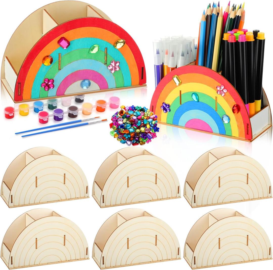 6pack Operation Christmas Paint Your Own Pen Holder Crafts Kit for Kids, Rainbow Wood Pencil Holder with Watercolor and Acrylic Diamonds, Unfinished Wood Pencil Box DIY Crafts