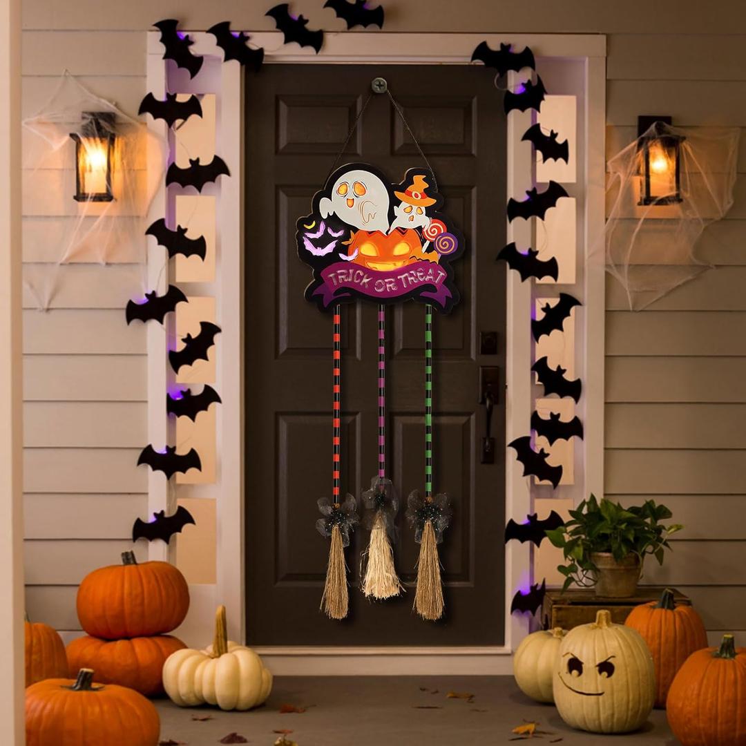 Witches Broom Halloween Porch Decor Wall Decor 3 Pcs Broom Halloween Ghost Halloween Party Decorations Indoor, Outdoor Built-in LED Light Sign