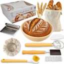 Sourdough Bread Baking Supplies Kit  9 Inch Round Banneton Proofing Basket with Liner, E-Recipe Book, Danish Dough Whisk, Bench Scraper, Scoring Tool & Storage Bag  Sour Dough Tools