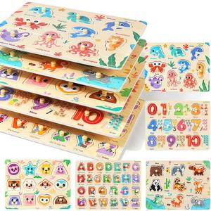 GRINNNIE Wooden Puzzles for Toddlers 3 4 5 Years Old, Montessori Toddler Toys 5PCS Peg Puzzles with Knob - Number, Alphabet, Shape, and Animal, Great Christmas Birthday Gifts for Boys Girls