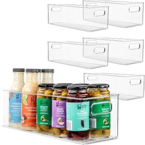 primebox Plastic Food Storage 6 Pack Clear Container Bin with Handles for Organizing Kitchen, Pantry, Refrigerator, Freezer, Pantry, Cabinet, Closet, Bathroom. 16x6x5