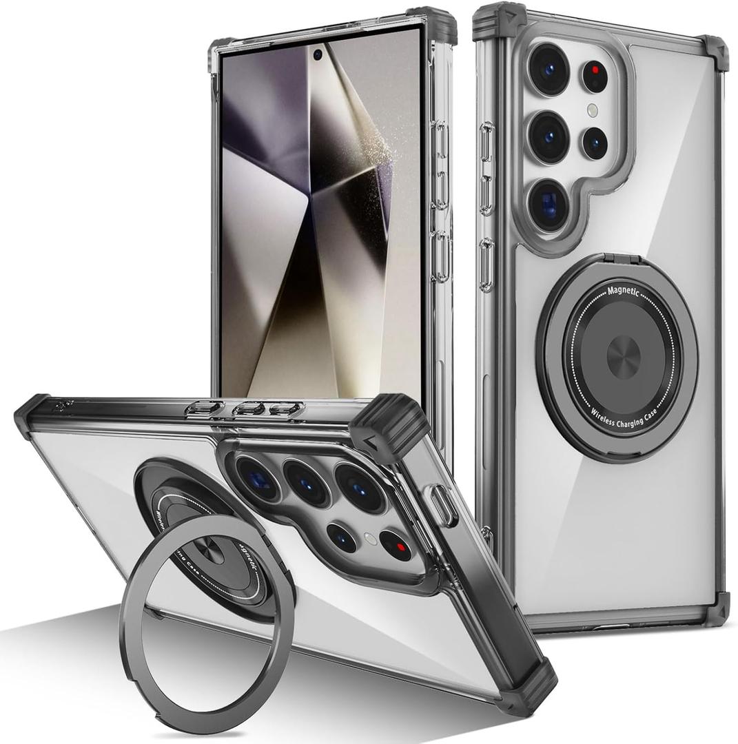 Compatible for Samsung Galaxy S22 Ultra Case [Compatible with Magsafe] 360 Rotatable Ring Stand Magnetic Military Grade Clear Case for Samsung S22 Ultra 6.8 Inch Black