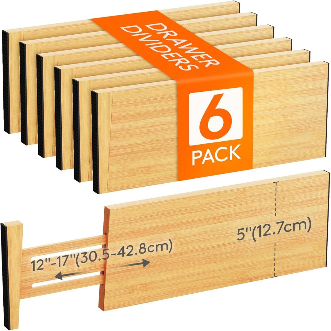 Lifewit 6 Pack Drawer Dividers Bamboo 5" High, 12-17" Adjustable Clothes Drawer Organizers, Expandable Dresser Separators in Bedroom/Bathroom/Kitchen/Office Organization and Storage