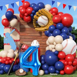 Baseball Balloon Arch with 40-Inch Navy Blue Number 4 Balloon, 4th Birthday Party Decorations for Boys with Red Blue Nude Baseball Glove Foil Balloons for 4 year old Birthday Sport Party Baby Shower