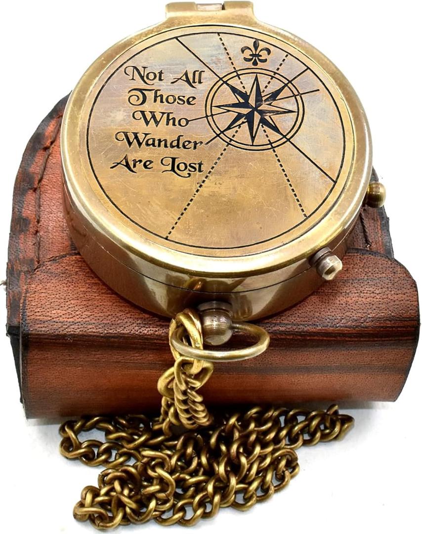 Vintage Brass Compass with Leather Case Engraved Not All Those Who Wander are Lost Antique Pocket Navigation Compass Gift for Travel Lovers, Hiking, Graduation, Birthday, Christmas