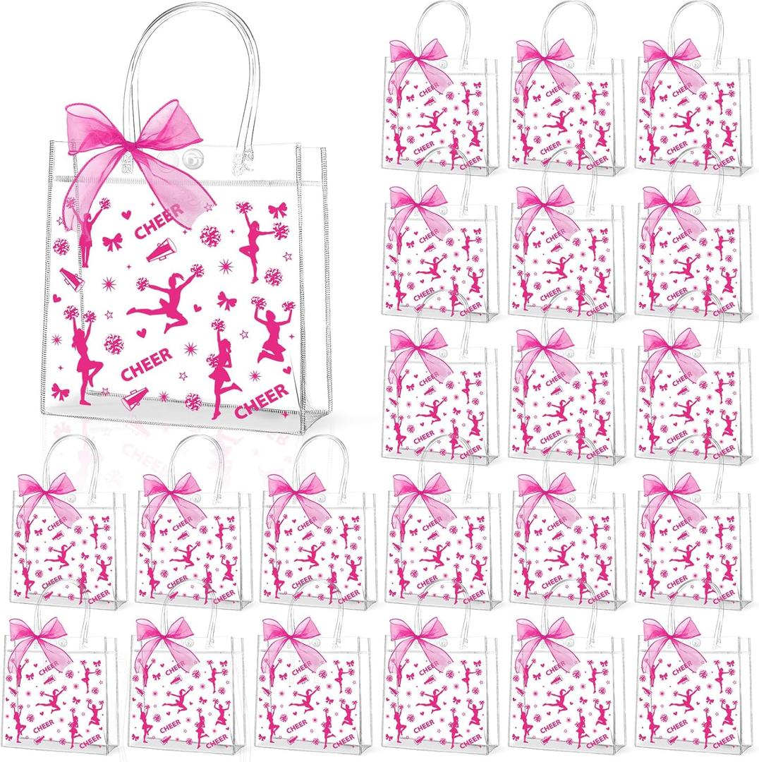 Lonfliness 24Pcs Cheer Clear PVC Gift Bags with Handles And Ribbon Bow Bulk 8 X 8 X 3in Cheerleading Goodie Treat Bags Cheer Team Present Tote Bag for Cheerleader Teammates Party Supplies(Pink)