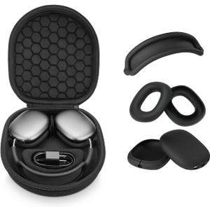 Yinke Smart Case for AirPods Max Headphones Supports Sleep Mode, with AirPods Max Silicone Earpad Cover/Ear Cups Cover and Headband Anti-Scratch Accessories, Hard Organizer Portable Carry Travel (Black, Set 2)