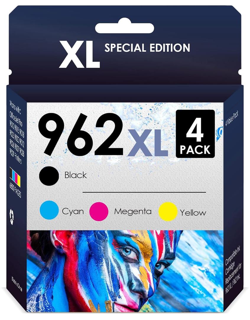 HP 962 XL Ink Cartridges Works with HP OfficeJet Pro 9010 9012 9014 9015 9016 9019 9020 9022 9025 9026 9028 Printers, 4 Pack 962xl (Black, Magenta, Cyan & Yellow)