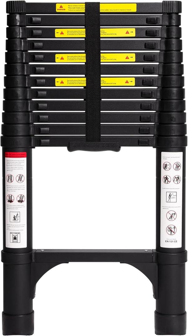 BOCOM 12.5 FT Aluminum Telescoping Ladder, Lightweight Multi-Purpose Collapsible Extension with 2 Triangle Stabilizers, Heavy Duty 330 lbs Max Capacity, Ideal for Home, RV, and Outdoor Work Black