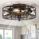 Caged Flush Mount Ceiling Fan with Lights, Farmhouse Rustic Bladeless Ceiling Fans with Lights and Remote, Low Profile Small Enclosed Ceiling Fan with Light for Bedroom, Kitchen, Black (18.5Inch)