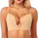 Women's Deep Plunge Bra Cleavage Enhancer Low Cut Wireless Bra Padded Push Up (34B, Nude)