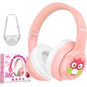 LOBKIN Active Noise Cancelling Headphones for Kids,Kids Headphones ANC Bluetooth 5.4 Wireless with Mic 50H Playtime Safe Volume Limited Foldable for Boy Girl Travel/School/iPad (Pink)