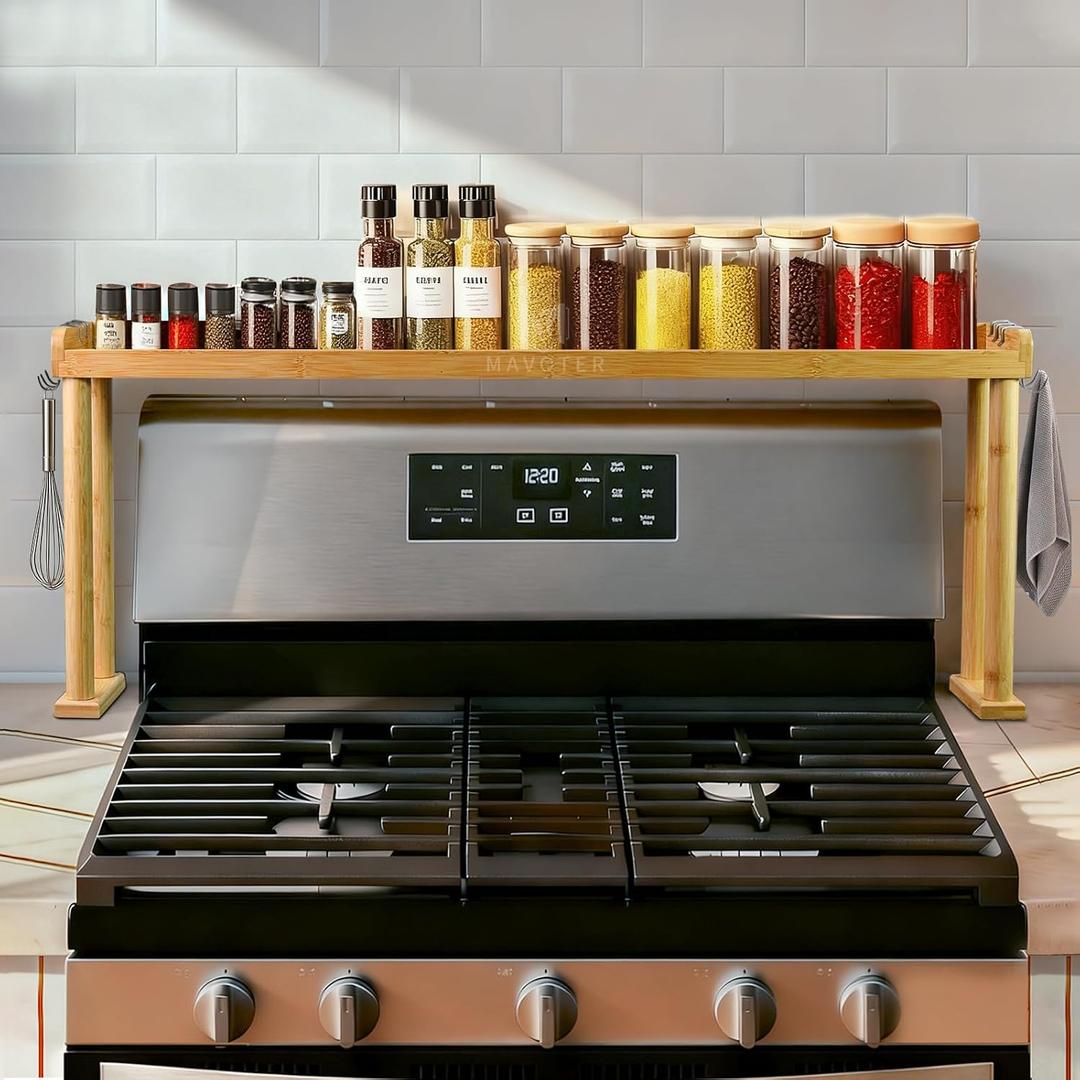 MAVOTER Over The Stove Top Shelf for Kitchen Bamboo Spice Rack Organizer for Back of Stove with Protective Lips & 6 Hooks,Easy Installation 33.5 * 4.5 * 13.4