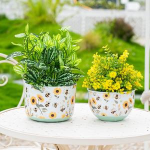 Joint Honglin Butterfly & Bee Metal Planters Set of 2 Decorative Flower Pots with Colorful Garden Prints, Outdoor & Indoor Use Cute Spring Floral Design for Patio, Balcony, Home Decor (Bee)