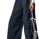 Fisoew Womens Wide Leg Track Pants Casual Elastic Waist Bow Tie Y2K Baggy Sweatpants with Pockets Navy (Blue)