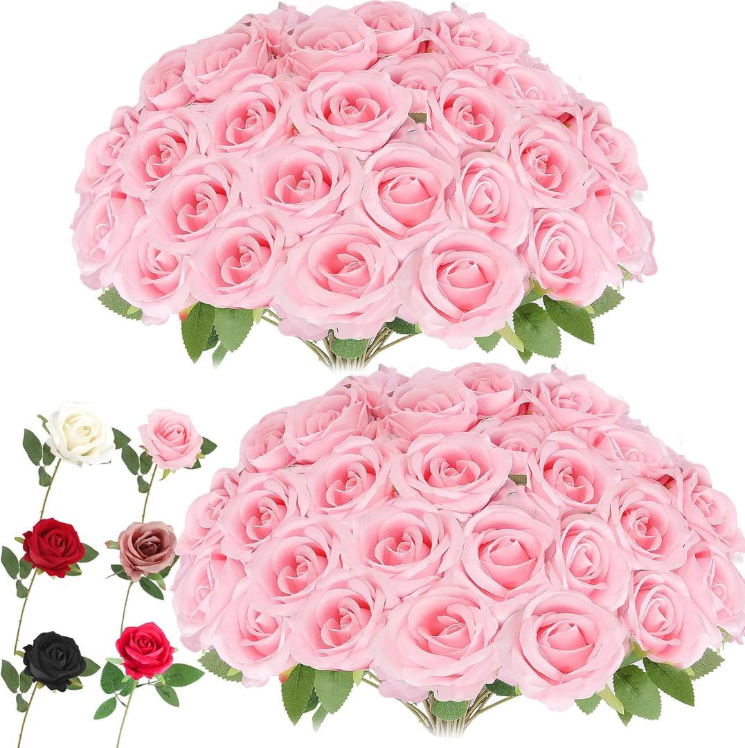 LELEE Artificial Roses Bulk Pink Silk Rose with Stem, 52pcs Fake Flowers Decoration for Wedding Table Centerpieces Bridal Bouquet Home Decor