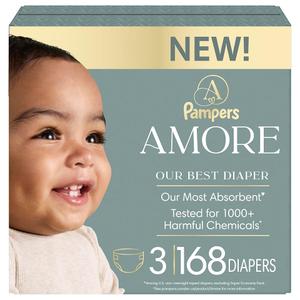 Pampers Amore, Size 3 (13-26 lbs), 168 Count, Our Best Diaper – Hypoallergenic & Fragrance Free, Up to 100% Leakproof, Soft as Cashmere