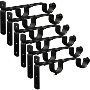 Curtain Rod Bracket, Double Heavy Duty Curtain Rod Hooks 1 Inch Black Curtain Rod Holders Hangers for Wall, 6 Pack Drapery Rods Support Brackets for Drape Poles