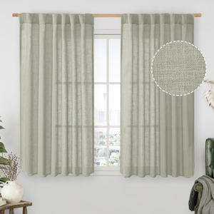 LAMIT Sage Grey Linen Curtains 54 Inch Length 2 Panels, Light Filtering Panels Back Tab and Rod Pocket Neutral Drapes for Kitchen/Window/Bedroom, 52 x 54 Inch
